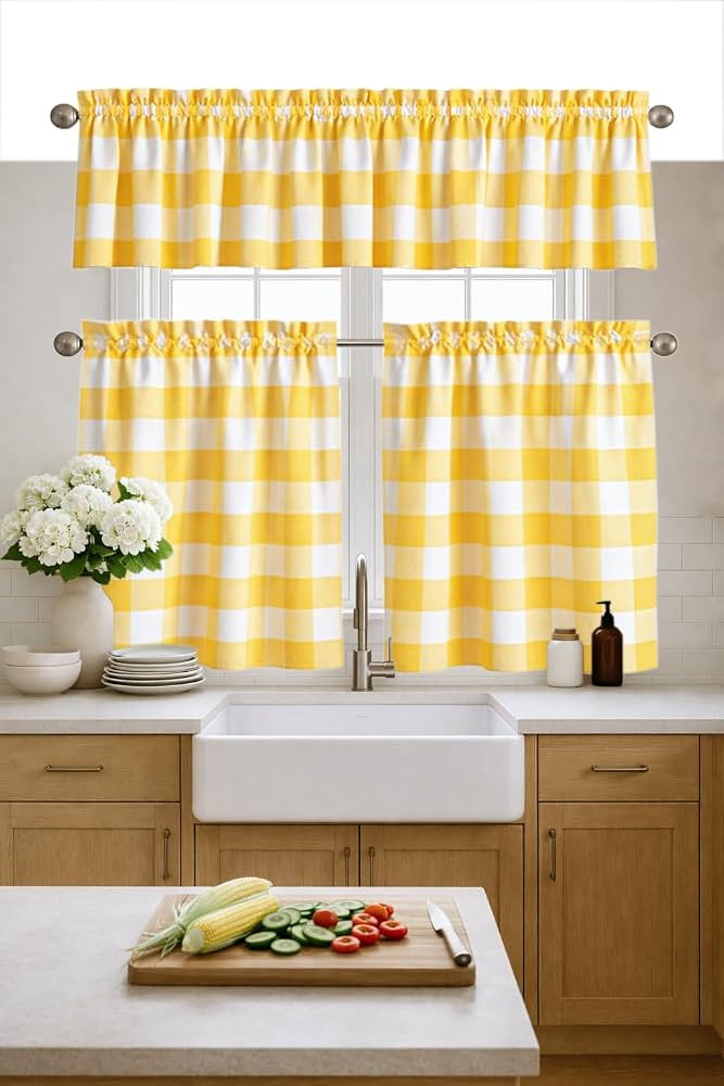 Native Fab Buffalo Check Short Window Curtains, 3 Piece Tier and Valance Set, 2 Tiers 26x36 Inch ... | Amazon (US)