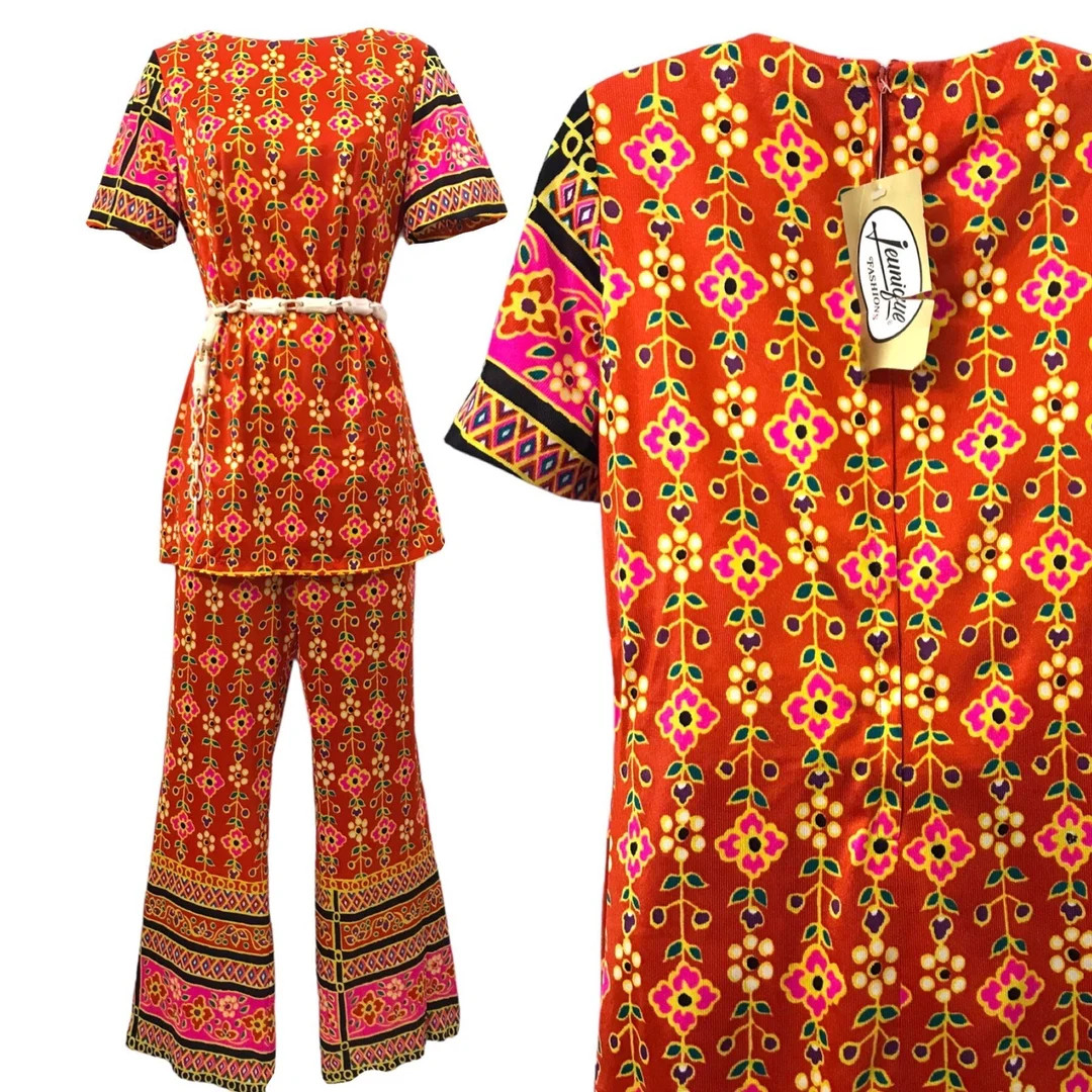 DEADSTOCK Vintage 1960’s 1970’s Psychedelic Pant Suit Mod Flower Power Floral 2 Piece Tunic a... | Etsy (US)