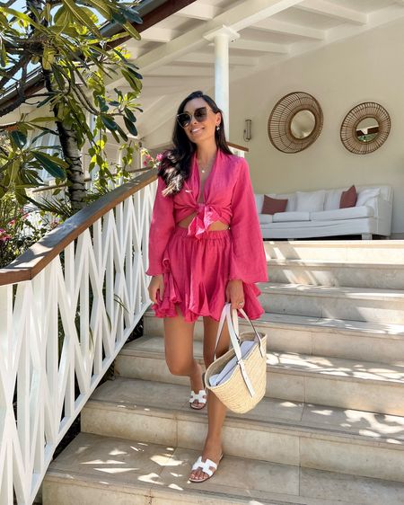Kat Jamieson wears a “Chic le Frique” set from Arrathi boutique in Mykonos, similar linked below! Travel, spring break, vacation style, pink, beach, beachwear, tote, sandals, summer. 

#LTKSeasonal #LTKswim #LTKtravel