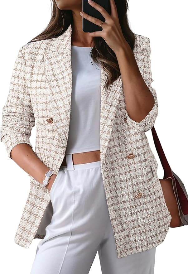 Happy Sailed Womens Plaid Tweed Blazers Dressy Casual Long Sleeve Double Breasted Open Front Blaz... | Amazon (US)