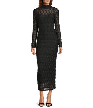 Katelyn Long Sleeve Turtleneck Puckered Jacquard Midi Dress | Dillard's