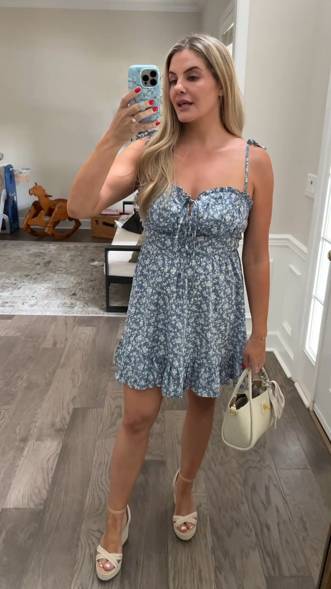 Sun dress, short dress, mini dress, floral dress, date night, girls night out, vacation, wedge, beige purse, tan purse, blue dress

#LTKootd #LTKSeasonal #LTKTravel