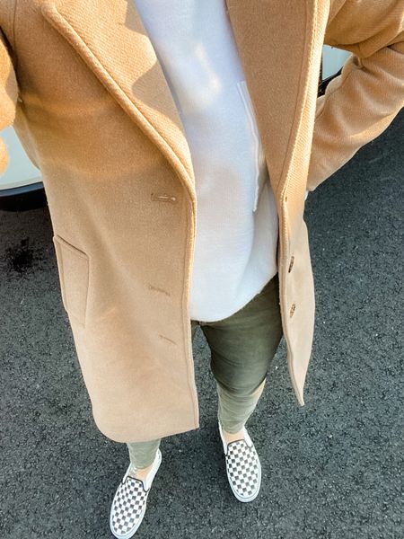 Workwear outfit of the day. Skinny pants, white sweater, vans and a camel wool coat. Spring outfit. All true to size! 

#LTKSeasonal #LTKstyletip #LTKunder50