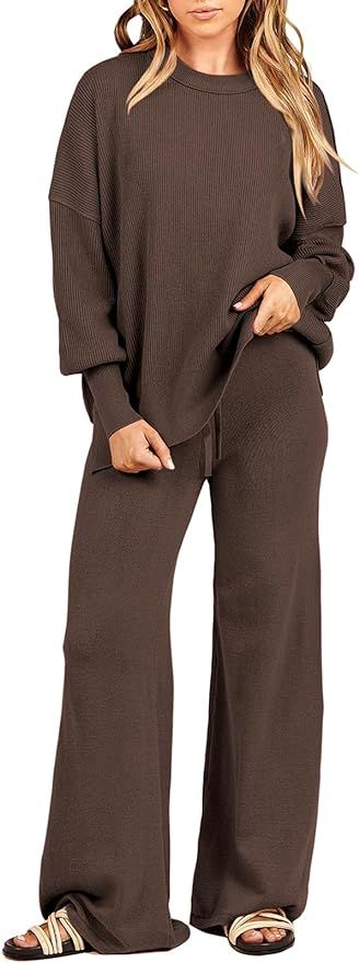 ANRABESS Women 2 Piece Outfits Sweatsuit Oversized Sweater Set & Wide Leg Pants Fall Chunky Loung... | Amazon (US)