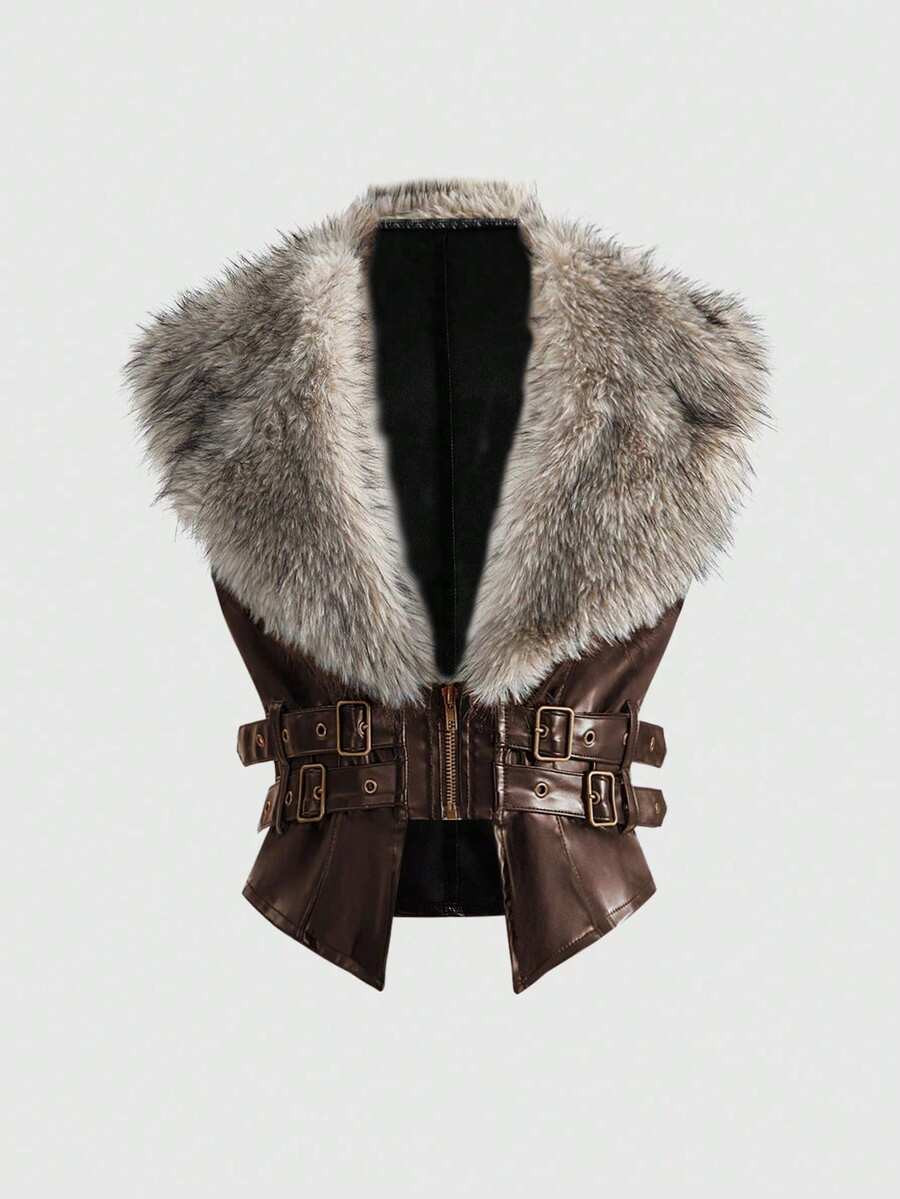 ROMWE J-Fashion Y2K Autumn/Winter Detachable Faux Fur Collar Plus Size Women PU Leather Jacket | SHEIN
