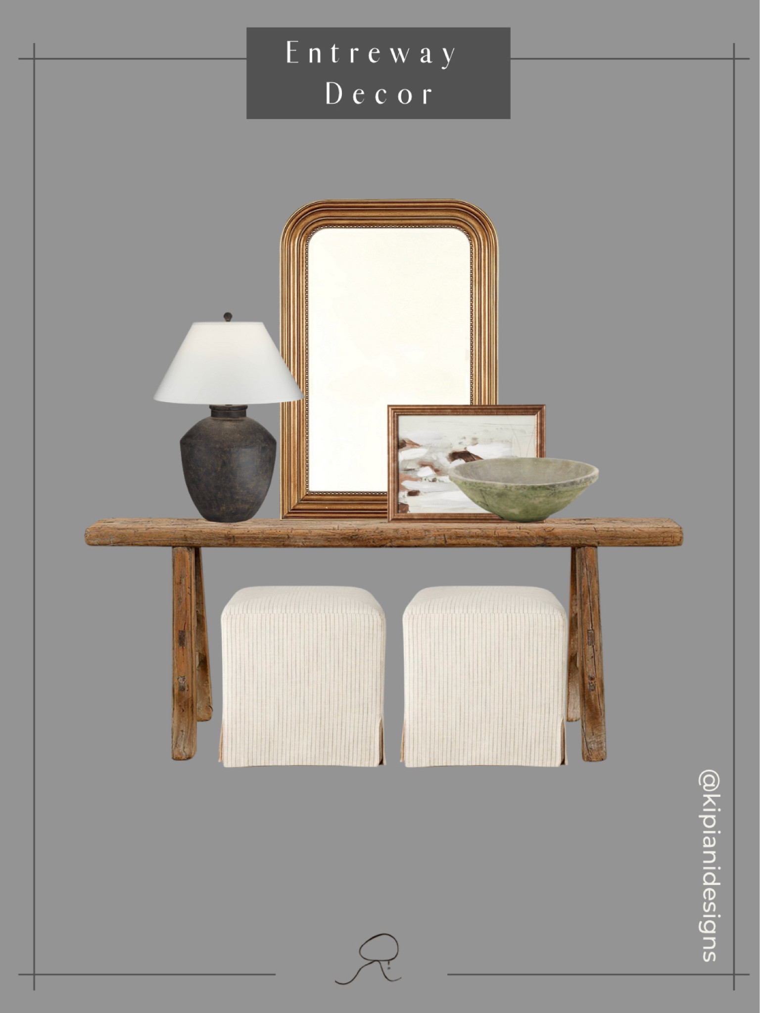 Budget friendly entryway console finds/moodboard to achieve organic modern look. Ceramic lamp, wood console table, linen ottomans, art, brass mirror.

#LTKstyletip #LTKhome #LTKFind