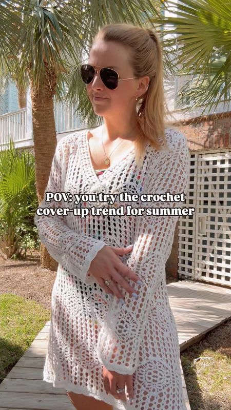 Crochet cover up for one-piece swimsuit

Summer beach vacation essential or cute summer outfit idea for a pool party
 
Fits true to size

Paired with metallic sandals and Amazon sunglasses that look like Ray Ban aviators

#LTKSeasonal #LTKStyleTip #LTKSwim