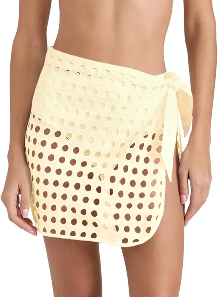 Saodimallsu Women's Crochet Cover Up Skirt 2024 Beach Mesh Slit Tie Waist Mini Wrap Skirts Pareo ... | Amazon (US)