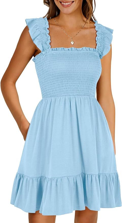 ANRABESS Womens Summer Casual Sleeveless Square Neck Smocked Ruffle Backless Boho Mini Dress 2024... | Amazon (US)