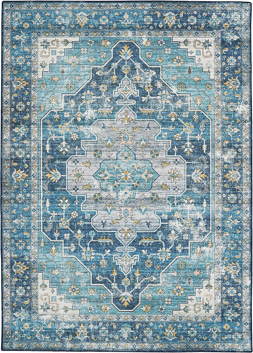 Linon Home Decor Products The Anywhere Washable Rug Firenz Teal & Ivory 5' X 7' Area Rug | Amazon (US)