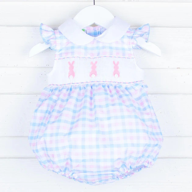 Bunny Bum Smocked Pink and Blue Collared Bubble | Classic Whimsy