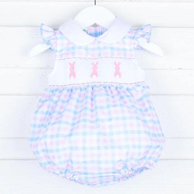 Bunny Bum Smocked Pink and Blue Collared Bubble | Smocked Auctions