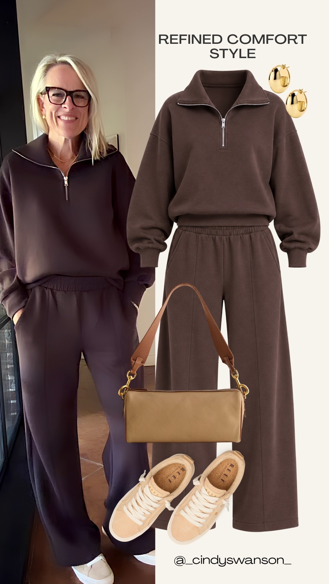 A matching chocolate-brown quarter-zip sweatshirt and wide-leg pants make such an easy, comfortable outfit. I love the rich neutral color and relaxed look, especially paired with light sneakers and a simple tan bag. Perfect for travel days, running errands, or a casual weekend when comfort is a priority.