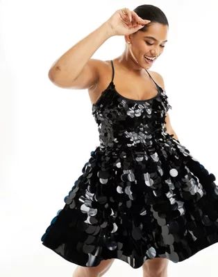 ASOS DESIGN Curve embellished mini corset prom dress with oversized disc sequin in black | ASOS (Global)