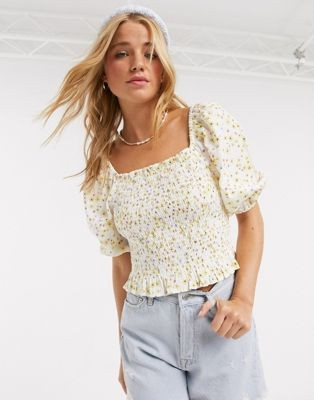 Miss Selfridge shirred square neck blouse in yellow floral | ASOS (Global)