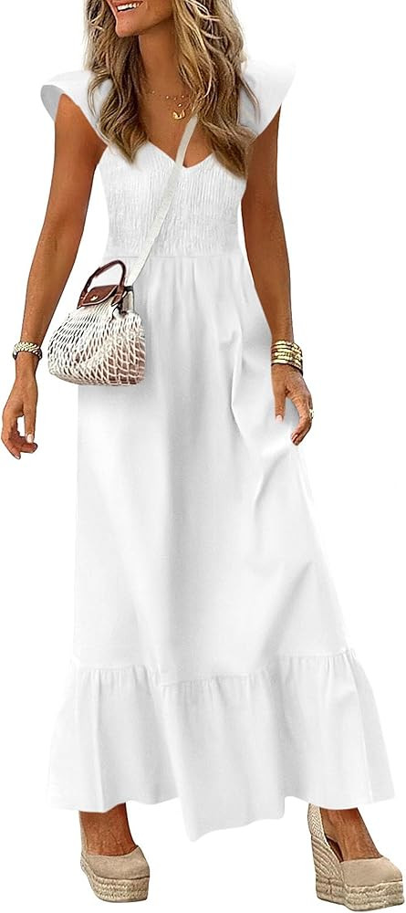 PRETTYGARDEN Women's 2026 Summer Casual Maxi Dresses Cap Sleeve V Neck Smocked Long Pockets Party... | Amazon (US)