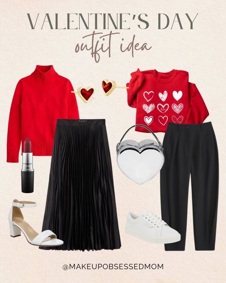Get ready to look amazing this Valentine's Day! Here are some cute outfit ideas you can copy: a red sweater paired with a black skirt or black pants, white sneakers or sandals, and more! #vdayfashion #midlifestyle #winterlook #capsulewardrobe

#LTKstyletip #LTKshoecrush #LTKSeasonal