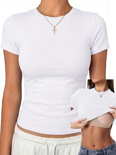 Danysu Short Sleeve Tops for Women with Built in Bra Cotton Jersey Crop Shirts Slim Fit Basic Gym Workout Tee White Small | Amazon (US)
