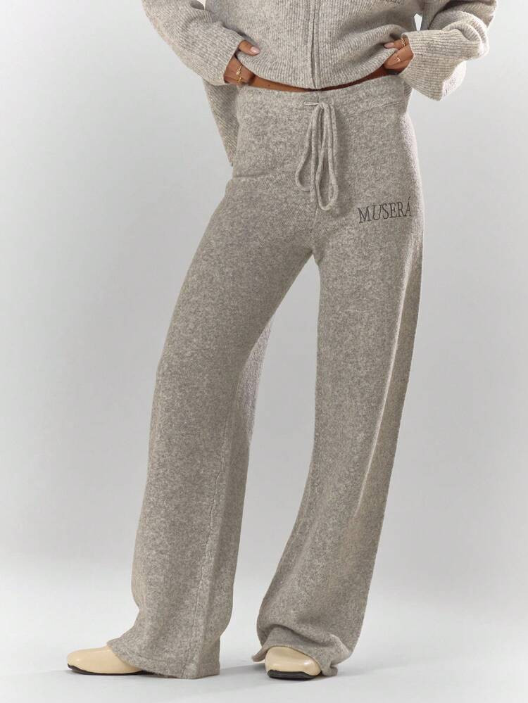 MUSERA Oversized Rib Knit Embroidered Detail Wide Leg Trousers Only Fall Autumn Cosy Cute Casual Coffee Club Winter Christmas Elegant Evening Party New Year | SHEIN