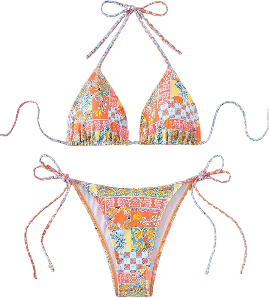 ZAFUL Womens Printed Triangle Bikinis 2 Piece Halter Bikini Sets High Cut Bathing Suit Side Tie S... | Amazon (US)