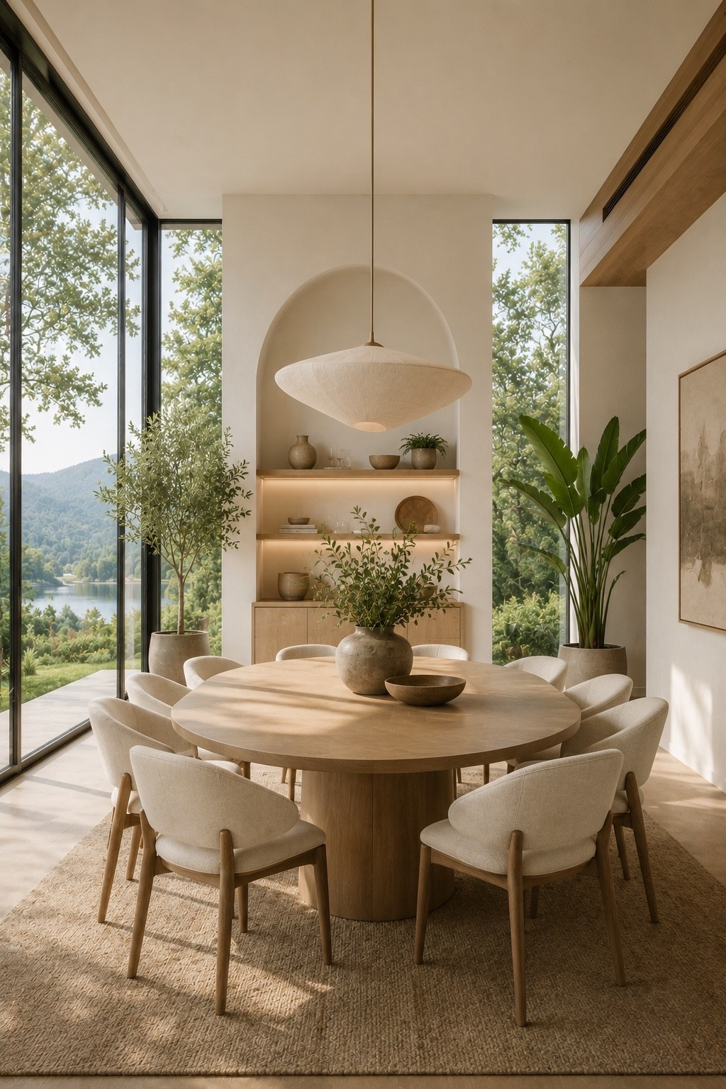 Warm, light-filled dining room with soft neutral tones, sculptural curves, natural textures, and an elevated organic-modern feel. #diningroom #organicmodern #moderndiningroom #interiordesign #homedecor #neutralinterior #rounddiningtable #statementlighting #warmminimalism #softminimalism #diningroomdecor #modernhome #interiorinspo #eleganthome #designerstyle #calmhome #homeinspiration #pinteresthome #ltkhome #refinedinteriors