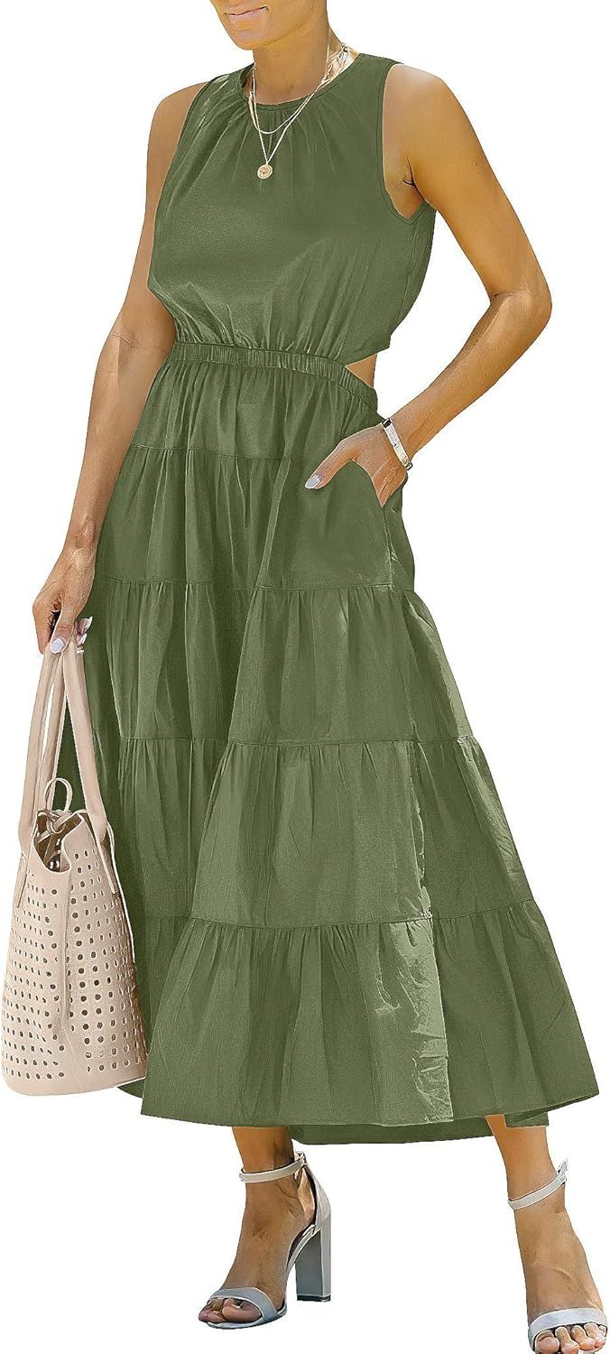ANRABESS Womens Summer Sleeveless Cutout Maxi Dress Crewneck Tiered Flowy A-Line Sundress with Po... | Amazon (US)