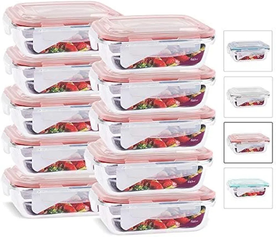 KIT 10 Potes de Vidro Retangular com Tampa Hermética 640ml Cor:Vermelho (QH) | Amazon (BR)