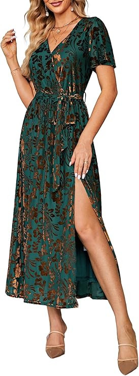BerryGo Women's Velvet V Neck Wrap Semi Formal Dress Cocktail Party Maxi Dress for Wedding Guest | Amazon (US)