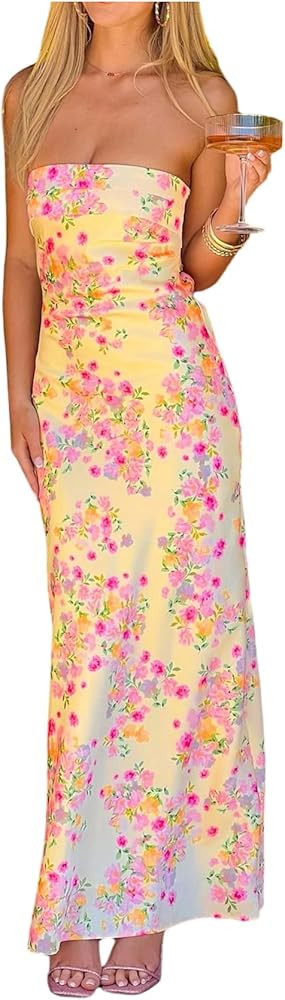 SOLY HUX Women's Floral Tube Maxi Dress Strapless Sleeveless Bodycon Summer Wedding Guest Cocktai... | Amazon (US)