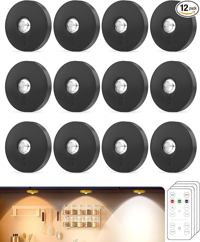 Rechargeable Puck Lights, 12-Pack LED Tap Lights with Remote, 1500mAh Battery, Dimmer & Timer, Wi... | Amazon (US)