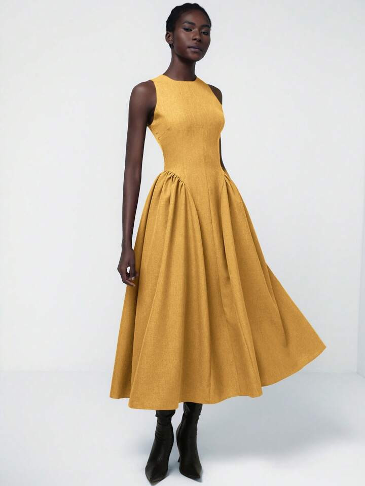 Aveloria Modichic French Elegant Commuter Simple Versatile Double Pockets Elastic Waist Ruched Sl... | SHEIN