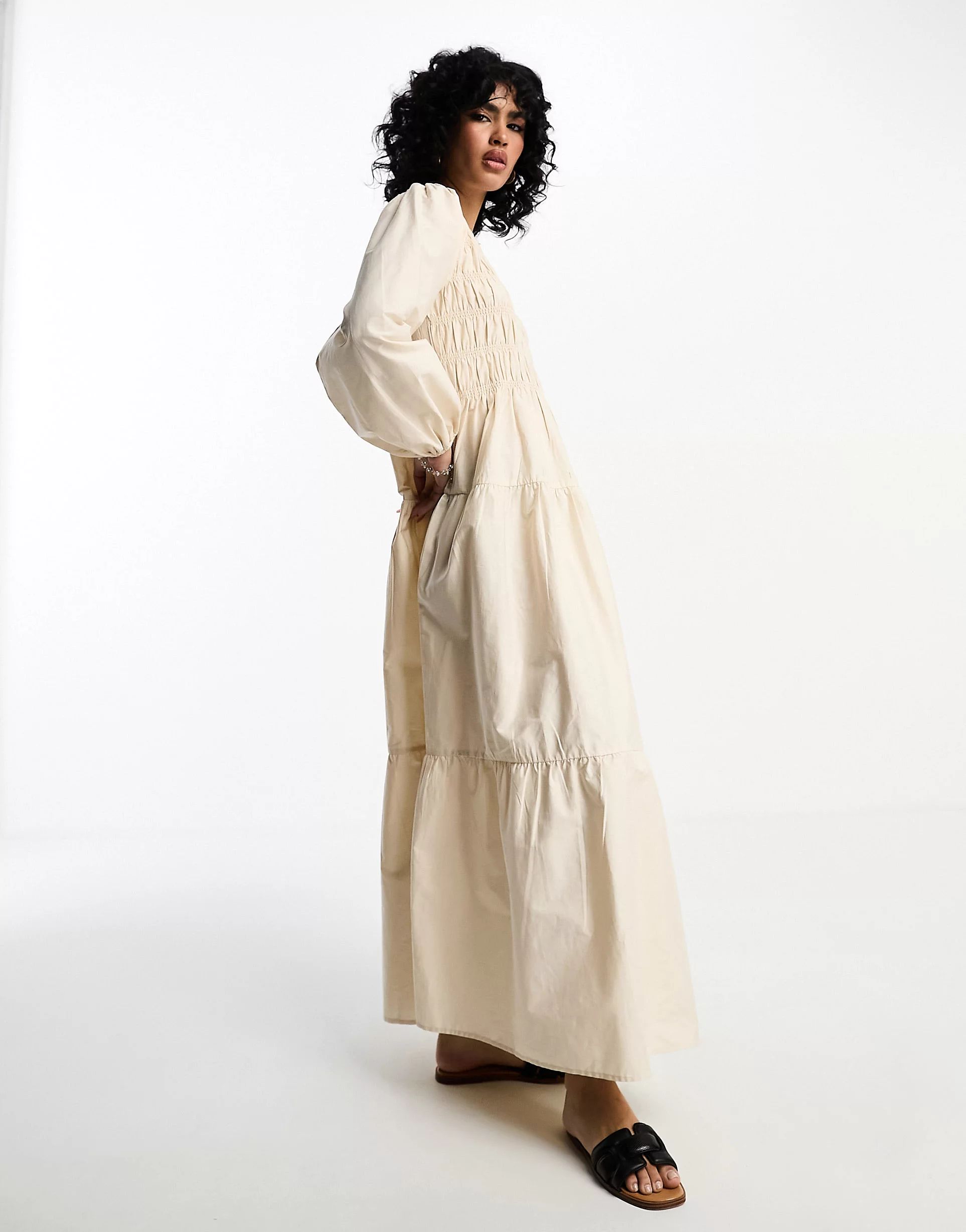 ASOS DESIGN cotton shirred maxi smock dress with puff sleeve in cream | ASOS (Global)
