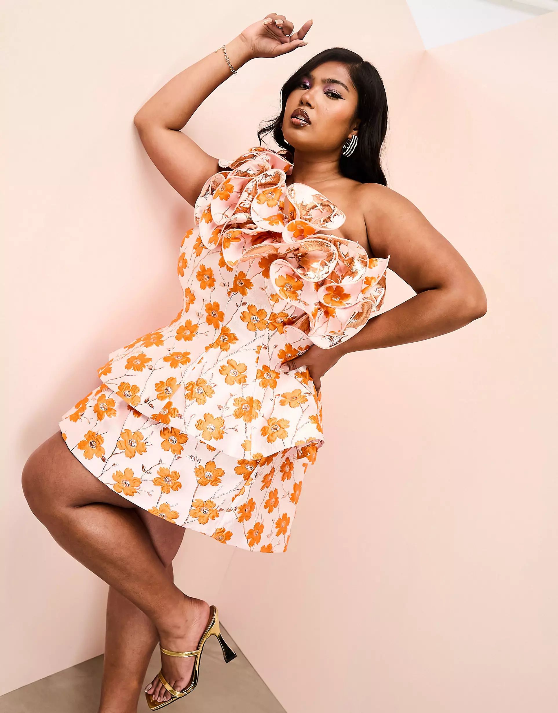 ASOS LUXE Curve co-ord jacquard off shoulder peplum top with frill detail in orange floral | ASOS (Global)