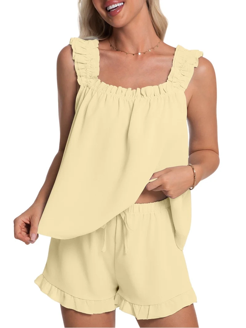 DAKIMOE Womens Pajamas Set 2 Piece Ruffle Pj Soft Tank Top and Shorts Sleepwear Lounge Sets for W... | Walmart (US)