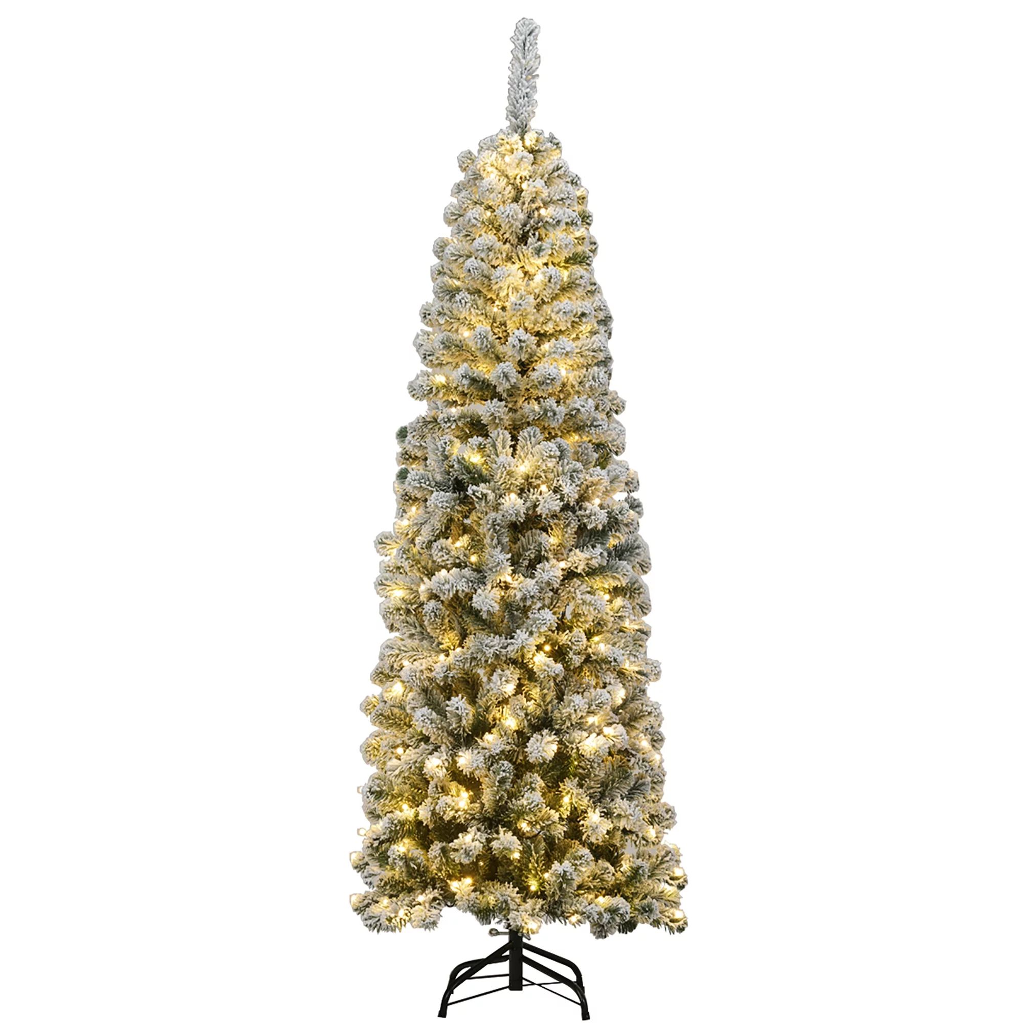 Costway 6Ft Pre-lit Snow Flocked Artificial Pencil Christmas Pine Tree w/ 250 LED Lights | Walmart (US)