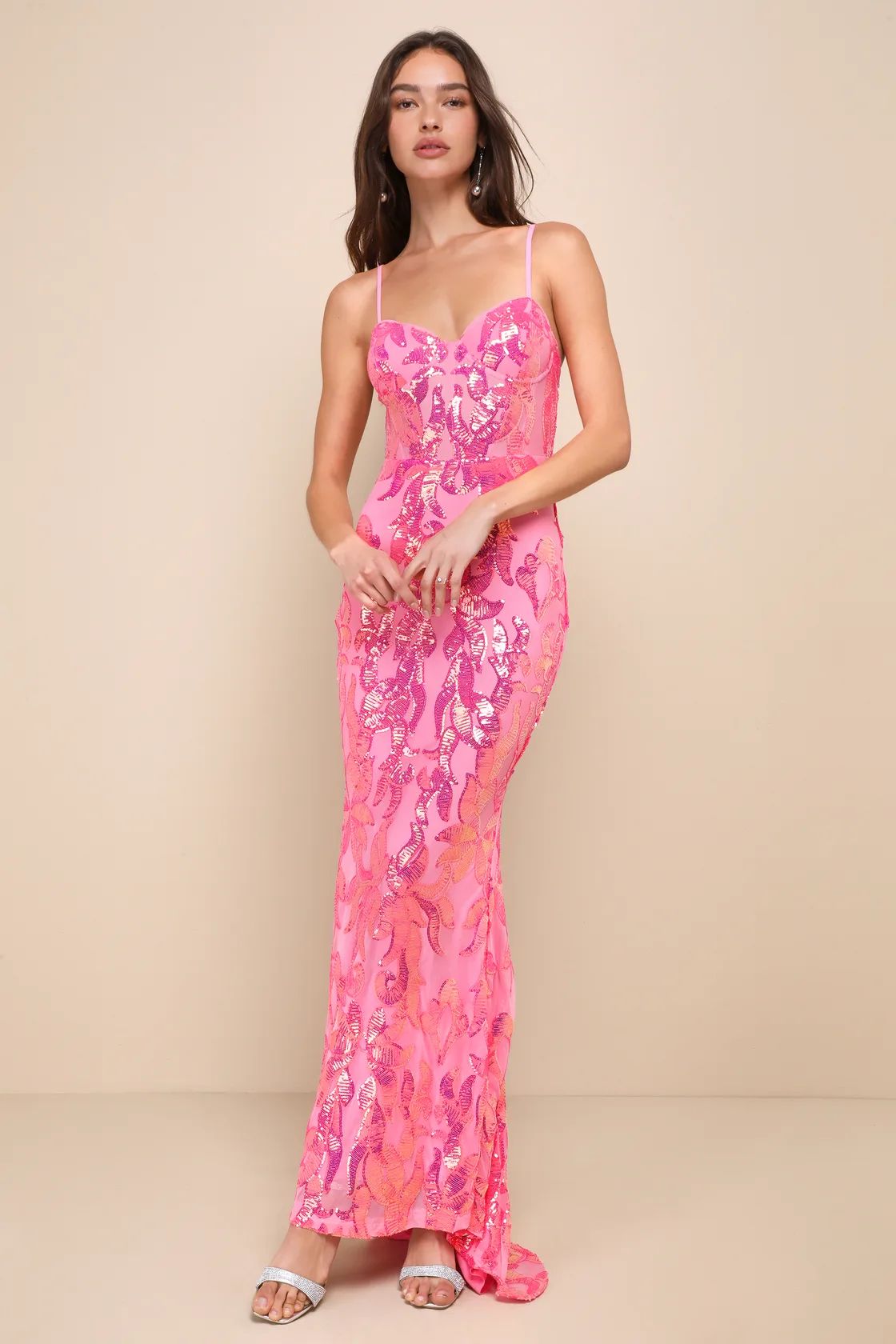 Passionate Glow Pink Iridescent Sequin Bustier Maxi Dress | Lulus