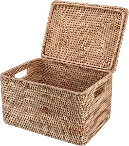 Rattan Basket with Lid, 15.75"×14.17"×11.81", Handwoven Storage | Handwoven from natural rattan... | Amazon (US)
