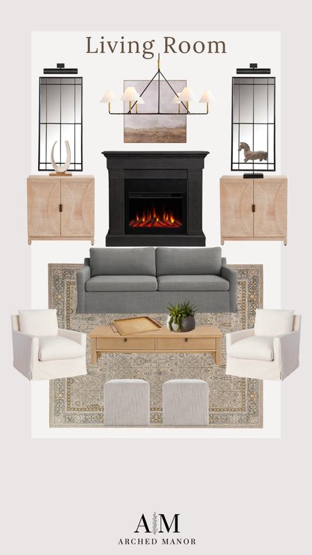 Living room design, gray sofa, mirrors, rug, chandelier, swivel chair, fireplace 

#LTKstyletip #LTKhome #LTKsalealert