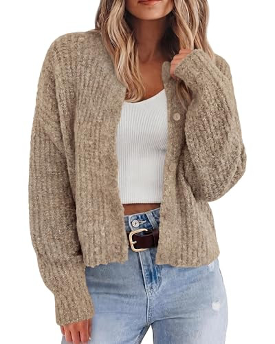 BTFBM Cardigan Sweaters for Women Fall 2026 Long Sleeve Button Down Soft Loose Chunky Knit Outwear Cropped Winter Coats(Khaki, XX-Large) | Amazon (US)