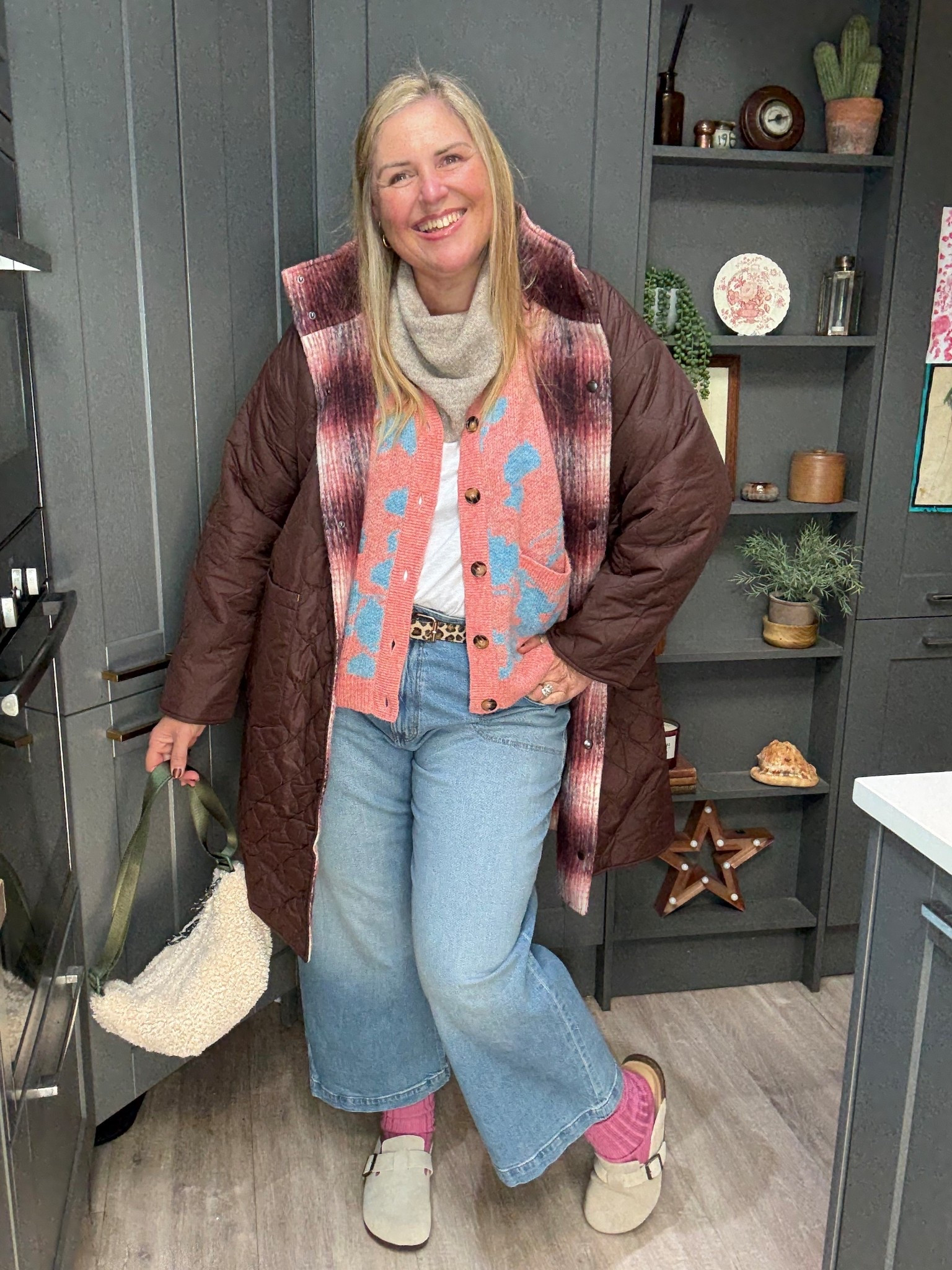 Reversible coat, pink cardigan, cropped jeans, Borg bag, mules, white tshirt, beige scarf 

#LTKwinter #LTKplussize #LTKjeans