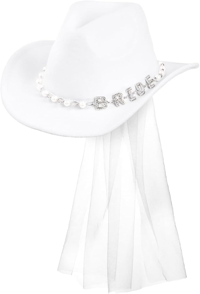 xo, Fetti White Embellished Bride Cowgirl Hat | Rhinestone Bachelorette Accessory, Bridal Headwea... | Amazon (US)