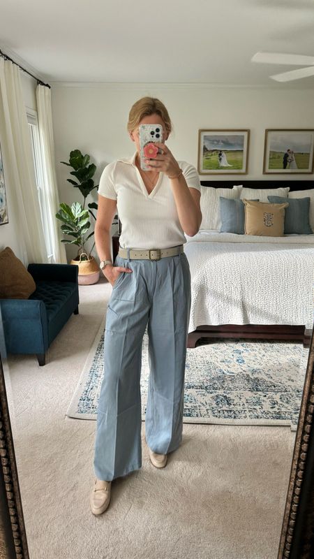 What I wore to work - these pants are back in stock and currently 20% off if you copy the promo code!!

Ribbed collared white tee fits true to size

Light blue trousers are so comfortable and flattering. I sized down one from my size chart size in this brand.

Casual office look that’s ready for spring or summer. Work outfit idea, madewell early summer sale

#LTKworkwear #LTKfindsunder50 

#LTKxMadewell