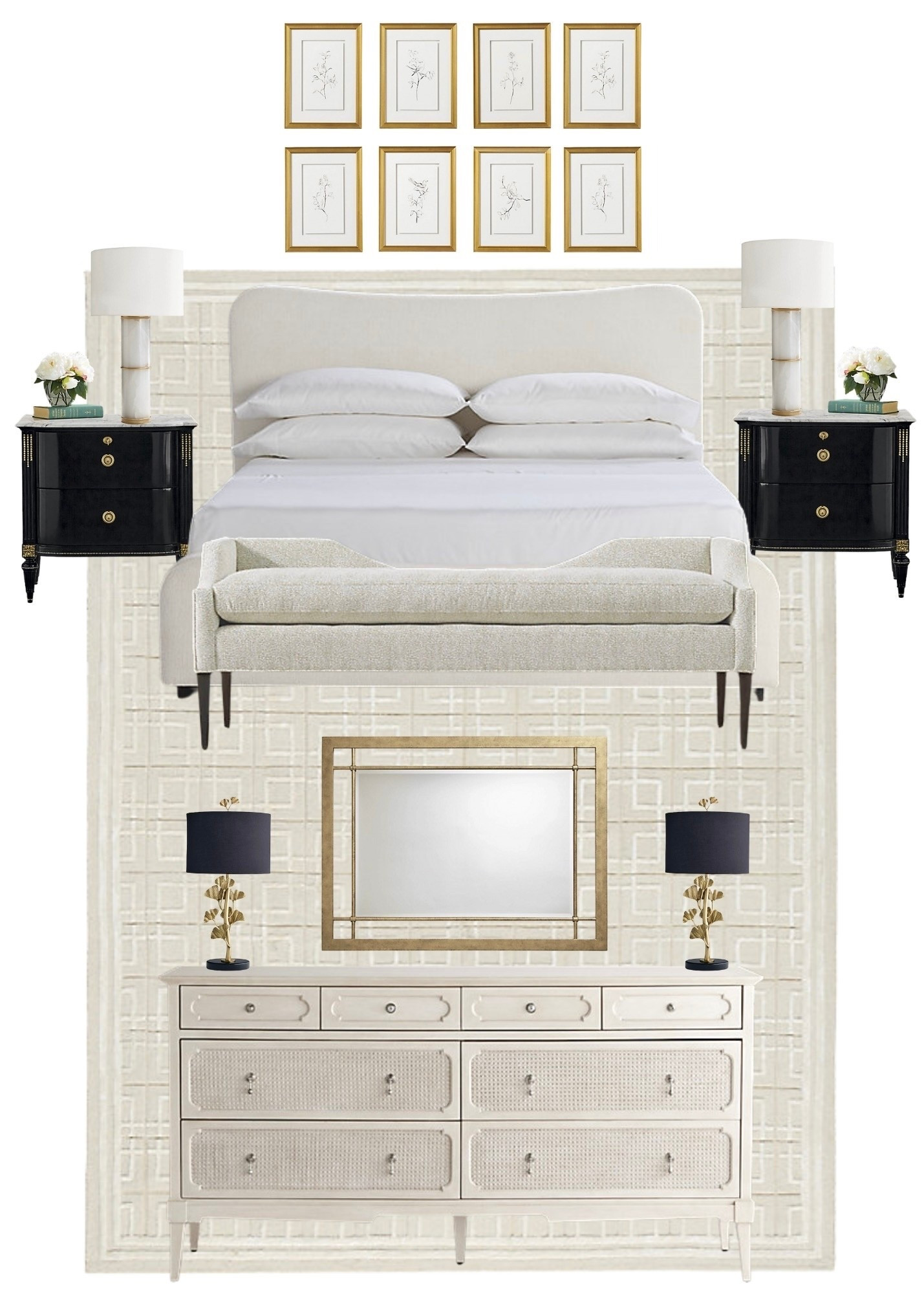 Cozy bedroom for our new home 🤍 

•  Our upholstered bed and bench fabric is ‘Coconut Gowan Inside Out Performance’ fabric. Love the neutral light tone and the softness of the fabric. Performance fabric makes it so easy to keep everything clean. 

•  The gold frame black and white botanicals are a new favorite. They will go with every color and style..

•  The alabaster lamps have a dimmer as well as lights on the inside of the base. They give off a glow at night. I love them so much I’ve also ordered them for our guest bedroom. 

•  The black Regency bedside tables with marble top are beautiful and pick up the black in our gallery wall. 👏🏼 

•  The 8 drawer dresser is the perfect size for our niche. I switched the drawer pulls to a brass to match the room and my nightstands  

•  The curved gold floor mirror is made of wood and I love that it reflects our ocean view. 

•  The gorgeous geometric rug is a combination of ivory and cream. Soft and luxurious. Perfect for a bedroom. ✨



#LTKHome #LTKSaleAlert