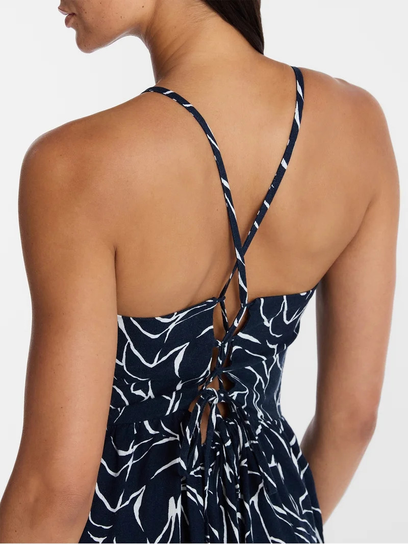 Time and Tru Women's Linen Blend Lace Up Halter Dress, Sizes XS-XXXL | Walmart (US)