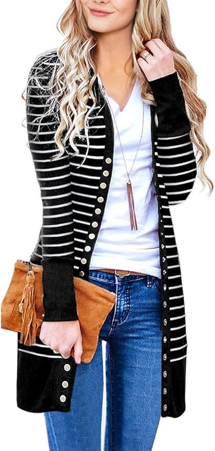 MEROKEETY Women's Long Sleeve Snap Button Down Solid Color Knit Ribbed Neckline Cardigans | Amazon (US)