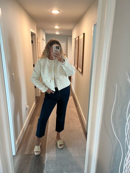 Abercrombie collarless tweed jacket, designer inspired look, princess Diana and Kate Middleton vibes, 

Runs oversized

#LTKstyletip #LTKworkwear #LTKSale