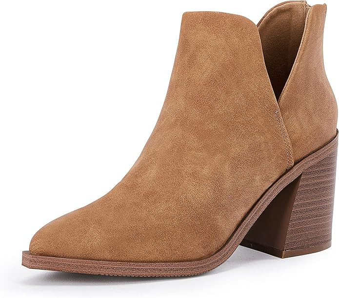 Amazon.com | FISACE Womens Pointed Toe Stacked Mid Heel Ankle Boots V Cut Back Zipper Faux Leathe... | Amazon (US)