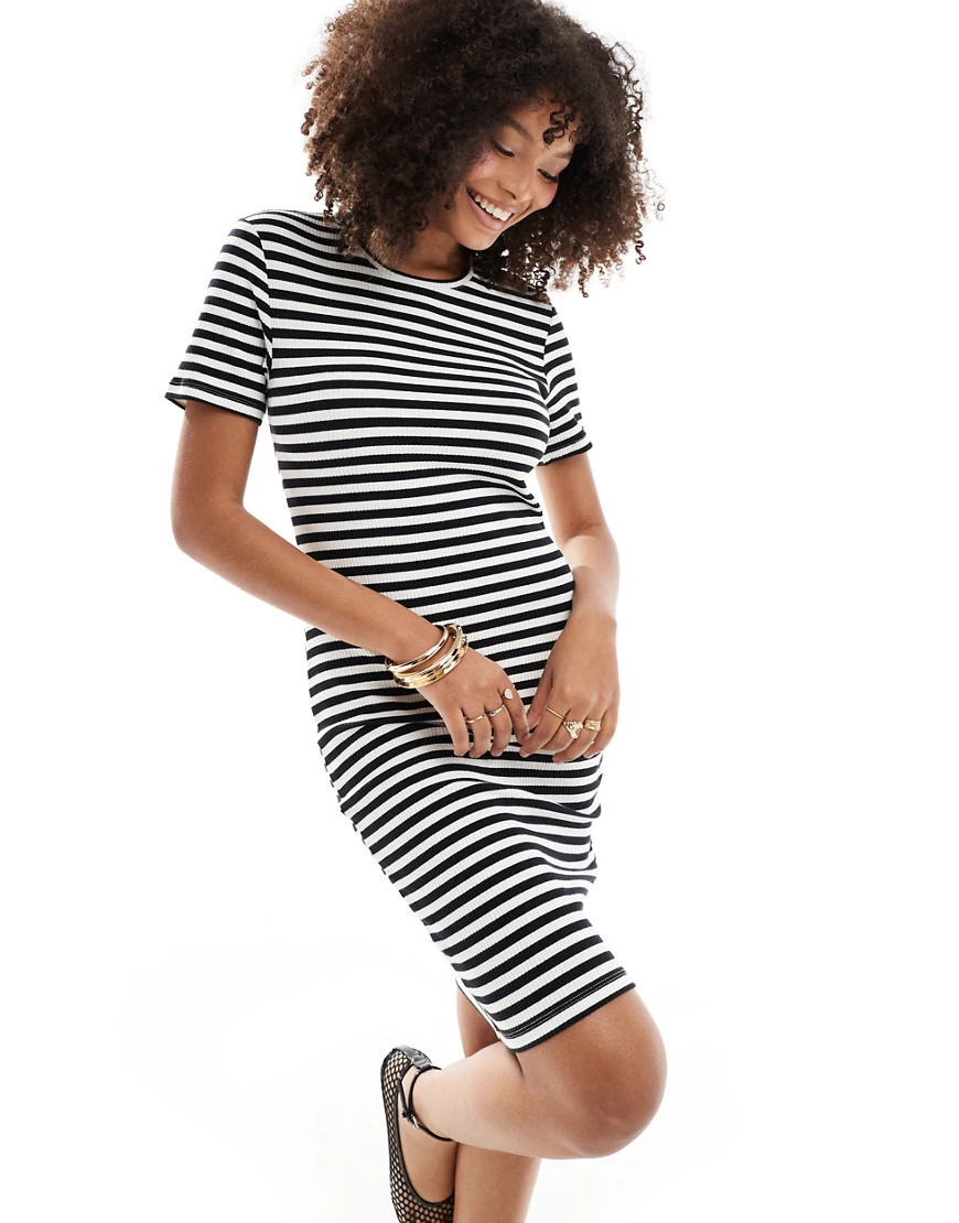 Pieces ribbed t-shirt mini dress in black and white stripe-Multi | ASOS (Global)