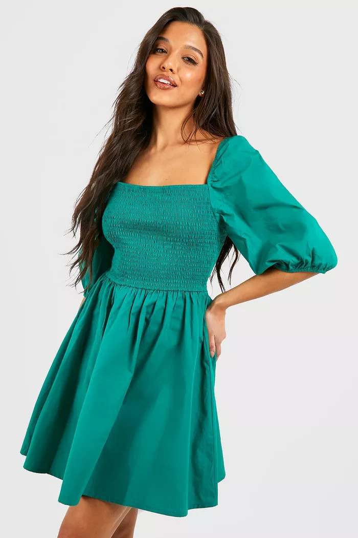Cotton Shirred Skater Dress | Boohoo.com (US & CA)