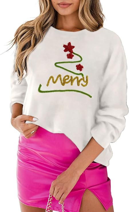 LEMAFER Women 2025 Merry Christmas Round Neck Sequin Letters Sweater Casual Solid Slogan Long Sle... | Amazon (US)